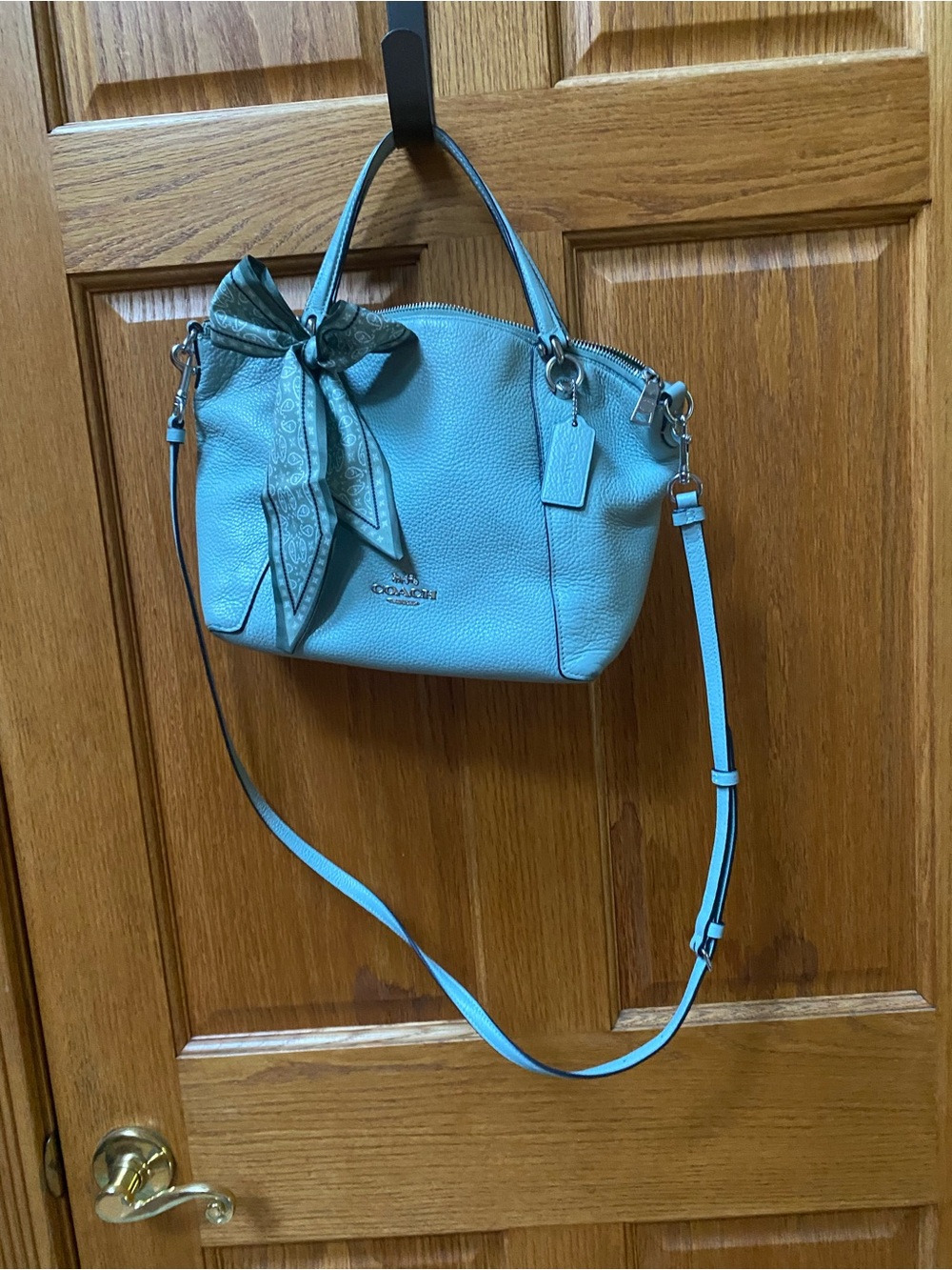 Coach Pebbled Leather Satchel in Aqua Blue with Scarf Accent